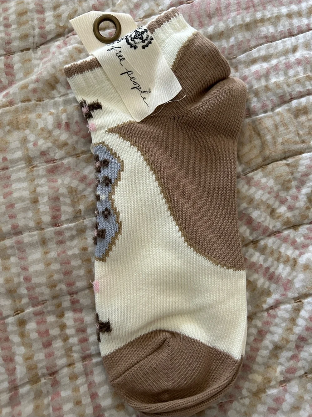 Free People Brown & Cream Floral Ankle Socks